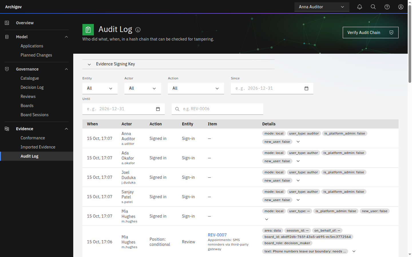 The Audit Log page