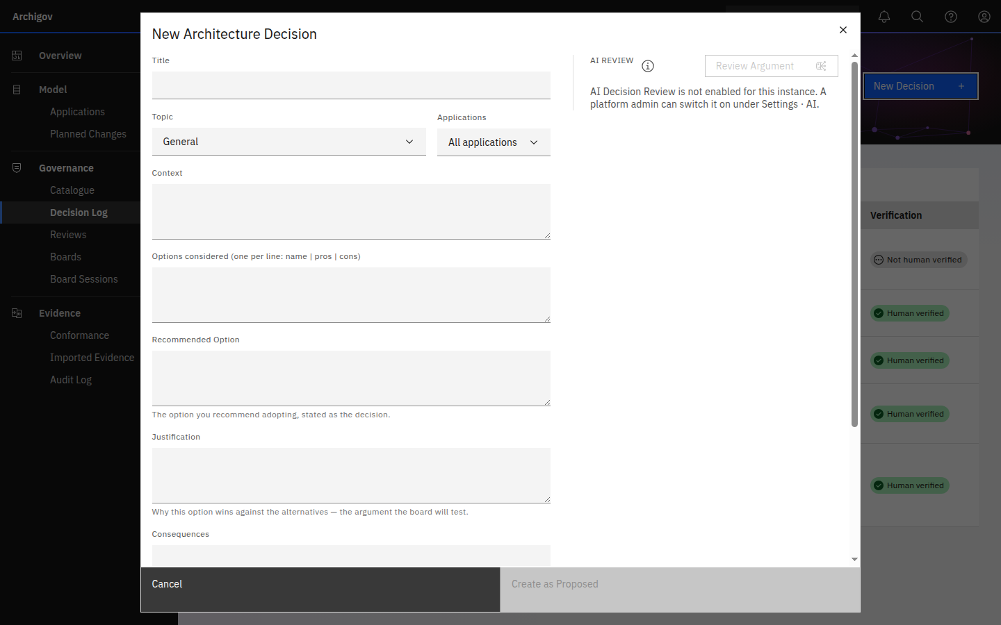 The New Architecture Decision form with the AI Review panel