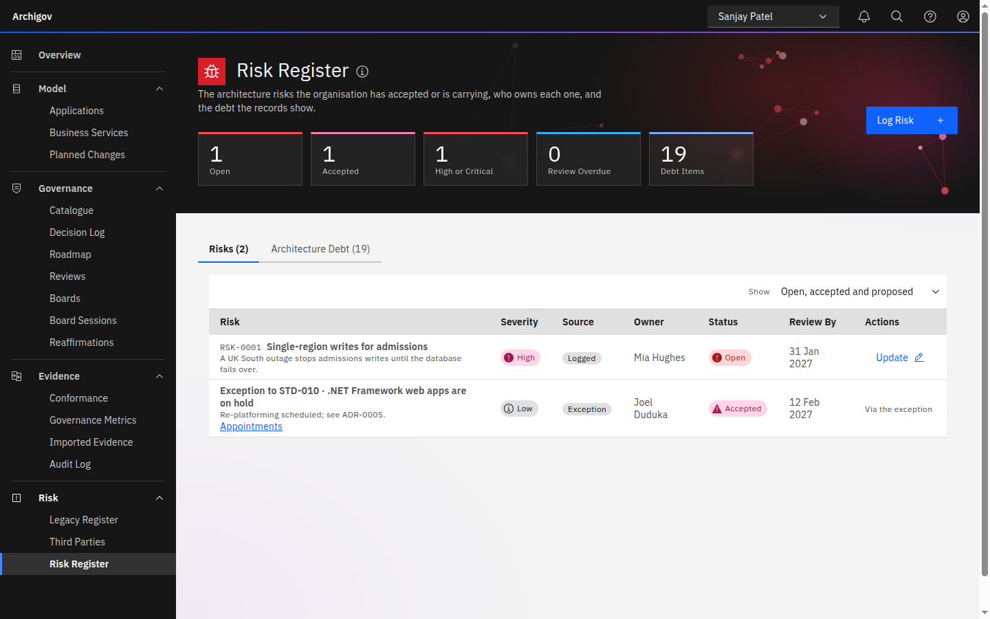The Risks tab of the Risk Register