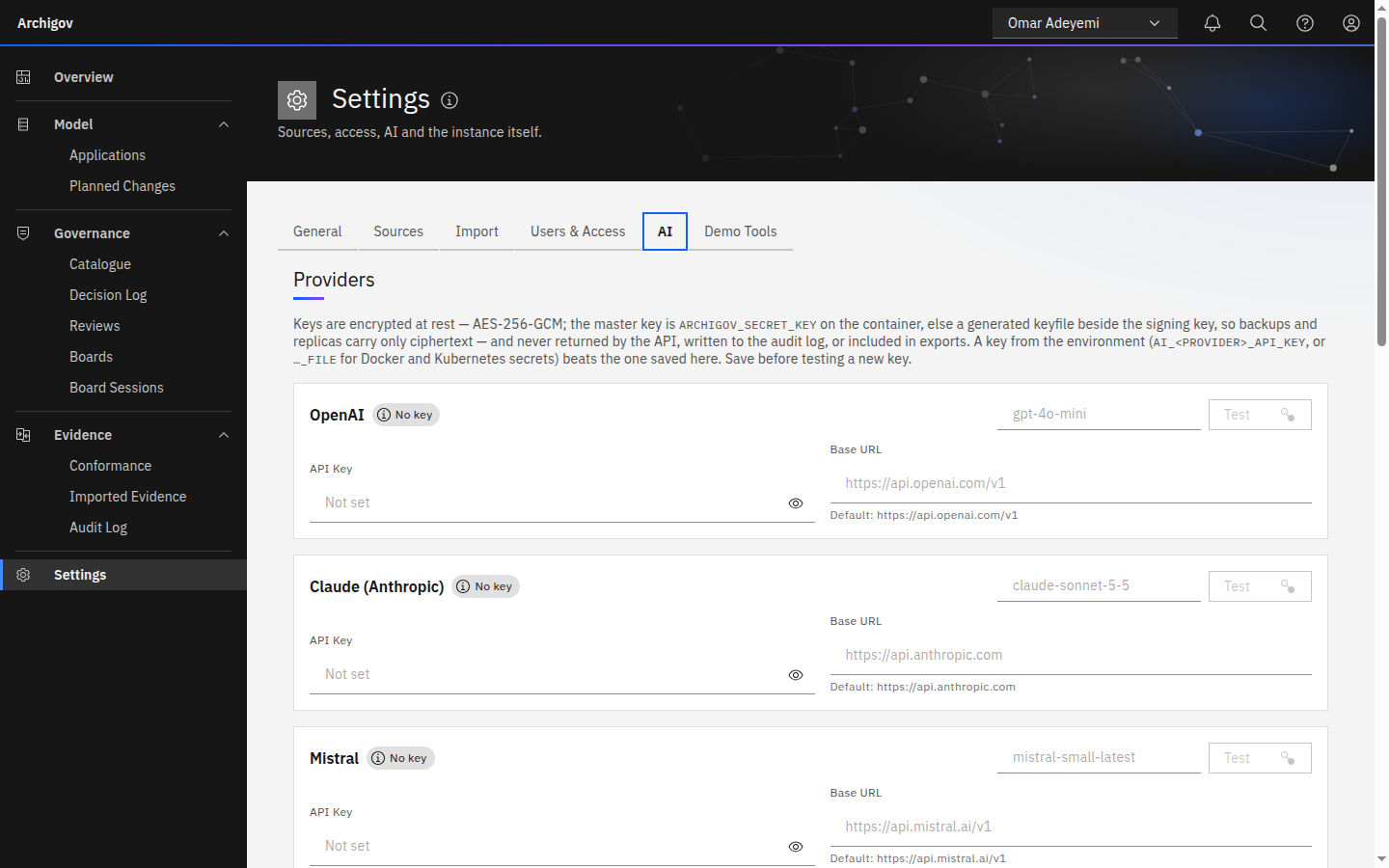 Settings, AI tab with provider cards