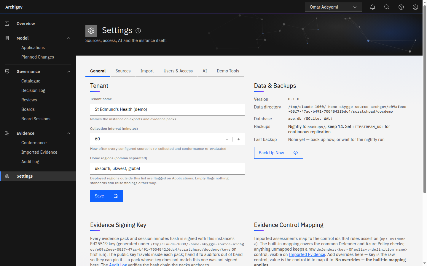 Settings, General tab